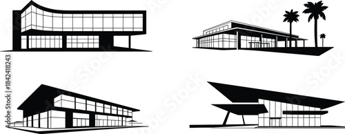 Modern architectural building silhouettes, contemporary commercial structure icons, minimalist real estate design set, creative corporate architecture illustration, black and white exterior concepts