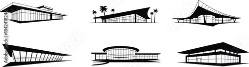 Modern architectural building silhouettes, contemporary commercial structures, minimalist geometric design icons, creative real estate exterior concepts, black and white futuristic architecture set