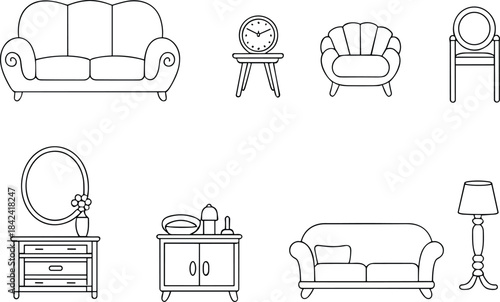Home furniture icons, living room interior set, sofa and chair illustrations, dresser and lamp decor, modern household line art designs