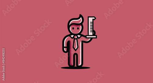 Stylized figure with a tie holding a tall measuring device. Rose background