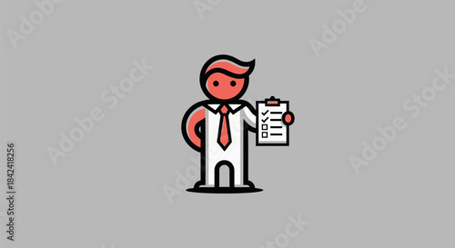 Cartoon man in a suit holding a clipboard with checklist, red hair and tie, gray background