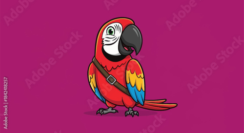 Cartoon macaw with red, yellow, and blue feathers, black beak, on purple background