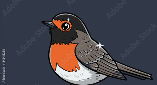 Stylized illustration of a bird with orange breast, grey wings, black head, and a star