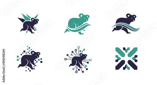Six digital logos featuring a koala bear running, using blue and green accents