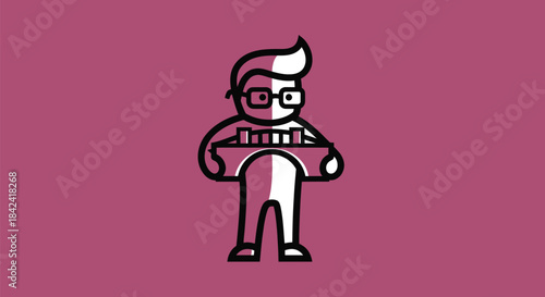 Stylized figure with glasses holding a bridge-like structure with vertical bars on a maroon background
