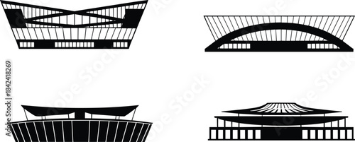 Modern stadium architecture silhouettes, contemporary arena design icons, geometric sports venue illustrations, futuristic building concepts, minimal black and white structural graphic set