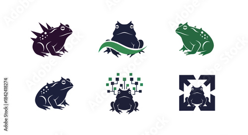 Six stylized frog illustrations in varying colors and designs, on a white background