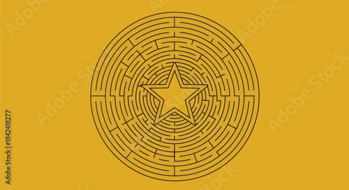 A black maze encircles a yellow star, all set against a yellow-gold background