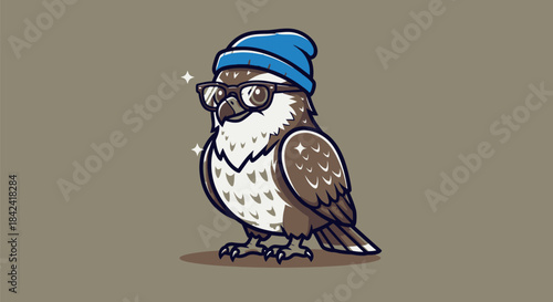 Illustration of a bird wearing a blue beanie and glasses, standing proudly
