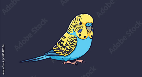 Cartoon illustration of a parakeet with yellow head/wings and blue body, on a dark blue background