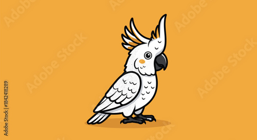 Cartoon cockatoo, white body with black beak and feet, on a yellow-orange background