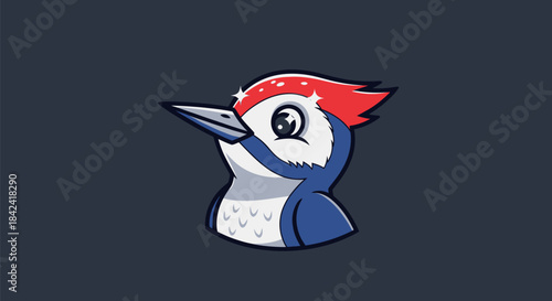 A stylized woodpecker head with a red crest, blue body, and large eye, on a dark background