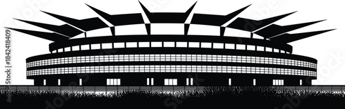 Modern stadium silhouette, futuristic arena architecture, circular sports venue design, contemporary athletic building illustration, unique roof structure, bold black and white architectural graphic