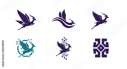 Six stylized logos featuring a winged deer or antelope with geometric and technological elements