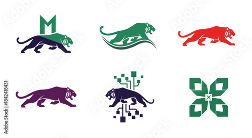 Vector graphic featuring six stylized animal illustrations, depicting tigers, with various design elements
