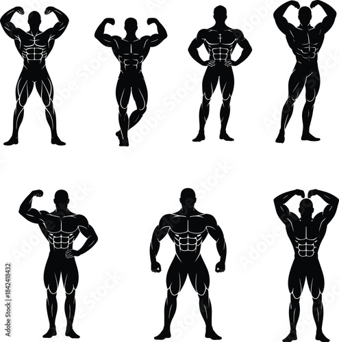Silhouette bodybuilder posing in various muscular stances, fitness athlete flexing biceps, strong physique illustration for bodybuilding, strength, gym, training concept