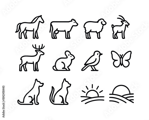 Animal Sunset Icons. Animals at Sunset. Line icon set of Animals