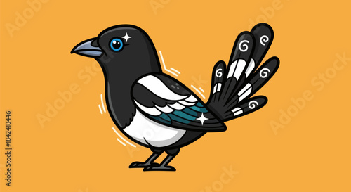 Cartoon magpie with black, white, and teal plumage, on an orange background
