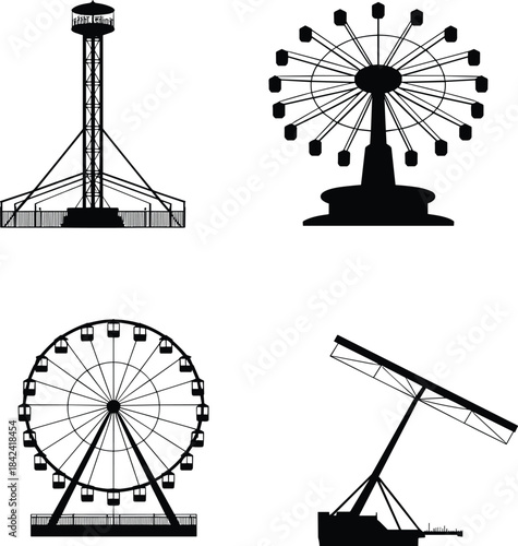 Silhouette collection of amusement park rides including Ferris wheel, tower drop ride, carousel spinner and pendulum attraction for entertainment and theme park design