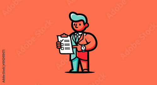 A stylized illustration of a businessman with a checklist on an orange background