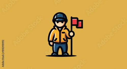 Cartoon figure in outdoor attire holds a pole with red flags on a warm yellow background