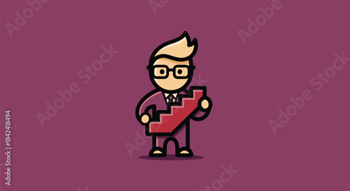 Cartoon businessman in suit holds upward staircase symbol, on purple background
