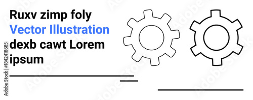 Two outlined gear shapes with accompanying placeholder text arrangement, symbolizing teamwork, process, and efficiency. Ideal for business process, workflow design, productivity, innovation