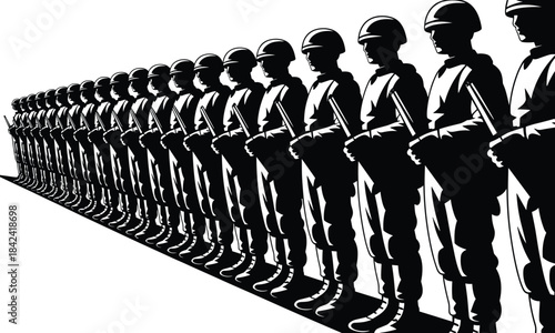 Silhouette of soldiers standing in formation, uniformed military personnel lined up for training, discipline, security, defense and organizational illustration concept