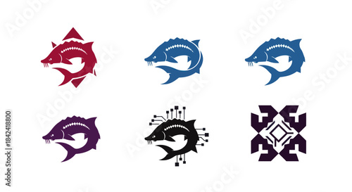 Stylized sturgeon fish logo designs in various colors and a tech-themed motif