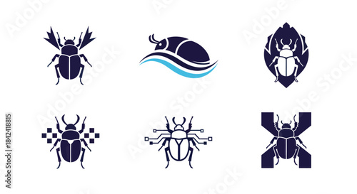 Six stylized insect emblems in shades of blue. The insects have varying wing and body shapes