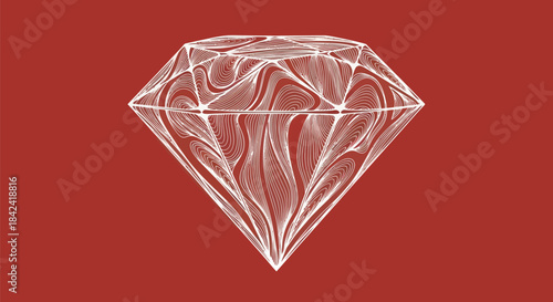 White outline of a diamond gem with internal swirls on a red background
