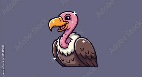 A cartoon vulture with a pink head and neck, brown body, and orange beak, with sparkle highlights