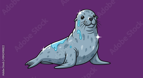 Cartoon illustration of a gray seal with water droplets against a purple background