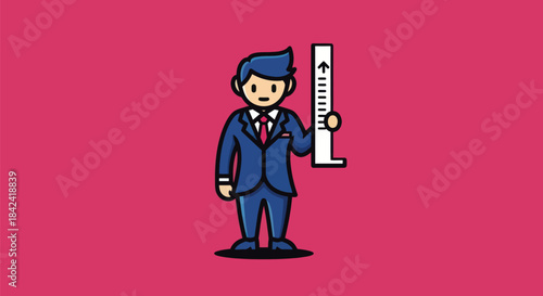 Cartoon businessman in suit holding a ruler, measuring something on a pink background