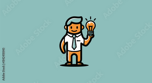 Cartoon businessperson with a lightbulb above his head, indicating a new idea