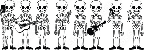 Skeleton characters illustration, cute cartoon skeletons, Halloween bone figures, skeletons playing guitar, waving poses, holding phones, fun spooky cartoon set