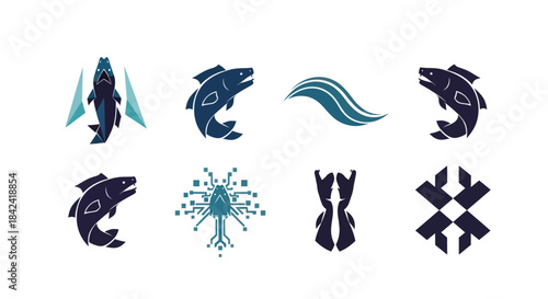 Eight diverse, minimalist logos featuring blue-toned fish, waves, and abstract geometric shapes