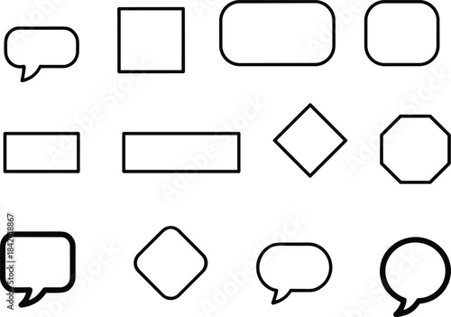 Speech bubble icons, geometric shape frames, dialogue callouts, blank text boxes, vector outlines for messages, comic chat balloons, simple design elements