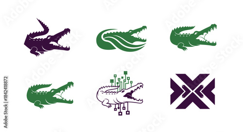 Various stylized illustrations of a reptile with an open mouth, along with a design