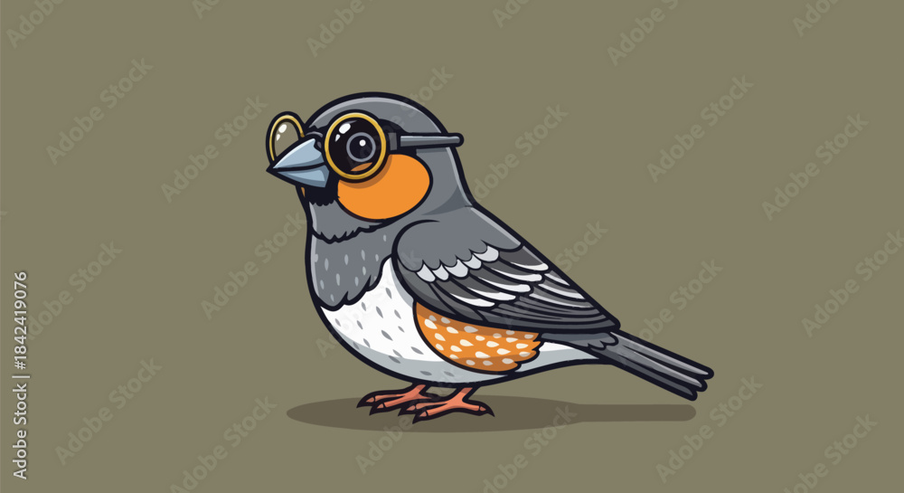 Fototapeta premium A stylized bird with glasses poses, showcasing orange, gray, and white feathers. Brown background