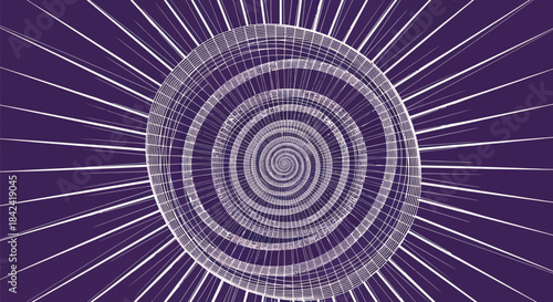 A purple vortex of lines and spirals creates a hypnotic illusion of depth