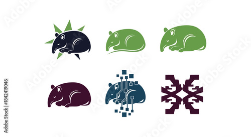 Six stylized animal illustrations, depicting the same animal in various colors and designs