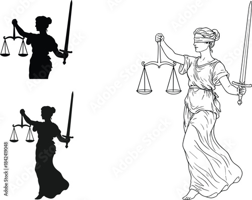 Ancient Greek Themis or Roman Justitia Symbol of Law, Balance, and Impartiality, Featuring Sword, Scales, and Blindfold, Representing the Judicial System's Integrity.