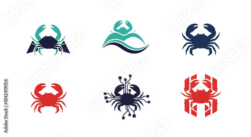 Six stylized crab logos in various colors and designs, on white background