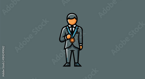 A stylized illustration of a man in a suit, holding a medal, standing on a grey background