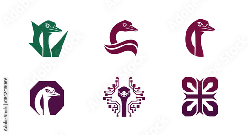 Six stylized avian logos in varying designs, each depicting a bird's head and neck