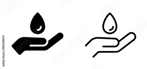 Water droplet and hand icon. Liquid drop