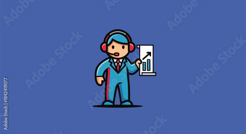 A cartoon operator in a blue suit with headphones and a chart showing an upward trend