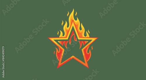A vibrant, fiery star icon with flames erupting, set against a green background