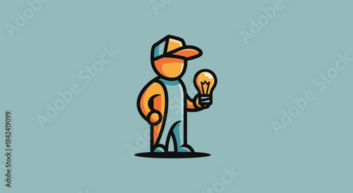 A stylized character in overalls and cap holds a glowing lightbulb on a teal background
